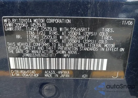2007 Toyota Rav4 z USA, uszkodzony, nr VIN JTMBD33V876031817